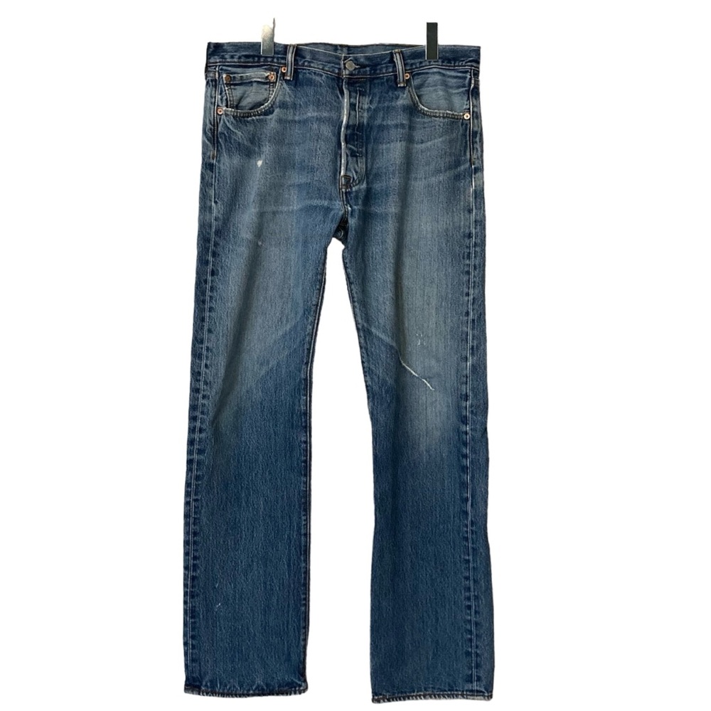 Levi’s 501 Medium Light Blue Distressed Bootcut Button Fly Tall Long Jeans
